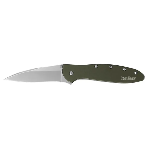 Kershaw Leek folding knife, olive handle and silver drop point blade in right-side view