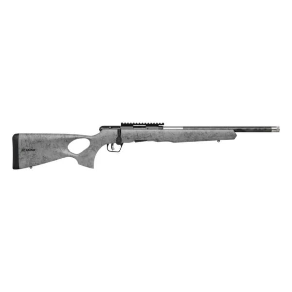 Savage Arms SAV B17 Timberlite rifle, left-side view with gray thumbhole stock and black barrel