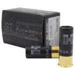Hornady Black Shotshells box with two black shells and brass bases in front
