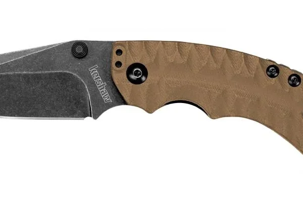 Kershaw Shuffle II knife, left-side view with tan handle, dark tanto blade and rear loop