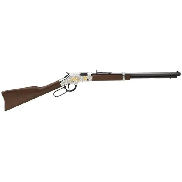 HENRY H4 2ND AMEND rifle side view with brown stock, silver receiver and black barrel