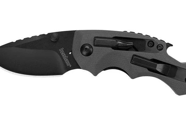 Kershaw Shuffle Multi-function Knife, open black folding knife in right side view
