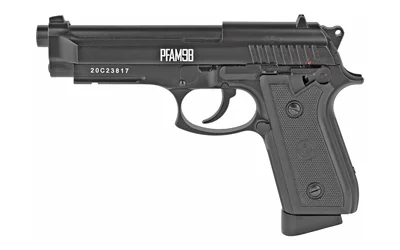 Crosman PFAM9B, black left-facing side view with textured grip and exposed hammer