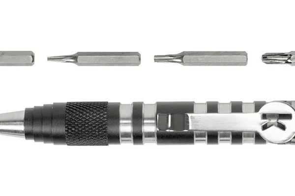 KERSHAW TX TOOL silver and gray driver shown from the side with four interchangeable bits