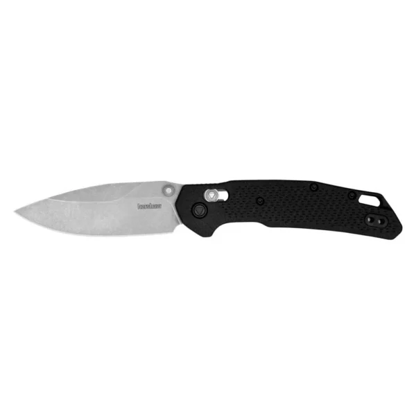 KERSHAW HEIST, right-side view of open folding knife with black handle and stonewashed blade