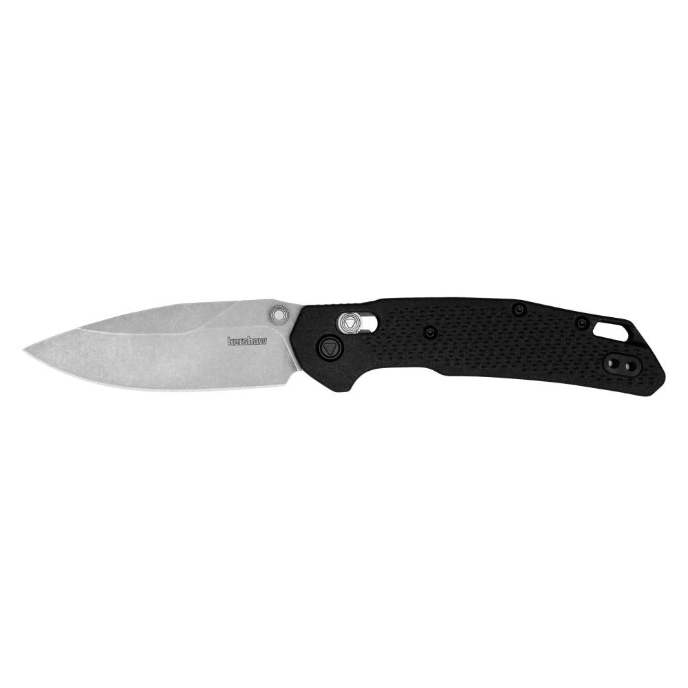 primary-49744 KERSHAW HEIST, right-side view of open folding knife with black handle and stonewashed blade