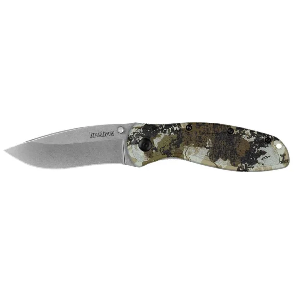 Kershaw Blur folding knife, open left-side view with silver blade and King's Camo handle