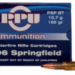 TRZ Trading Inc. PRIVI, blue and white ammunition box with two brass rifle cartridges