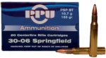 TRZ Trading Inc. PRIVI, blue and white ammunition box with two brass rifle cartridges