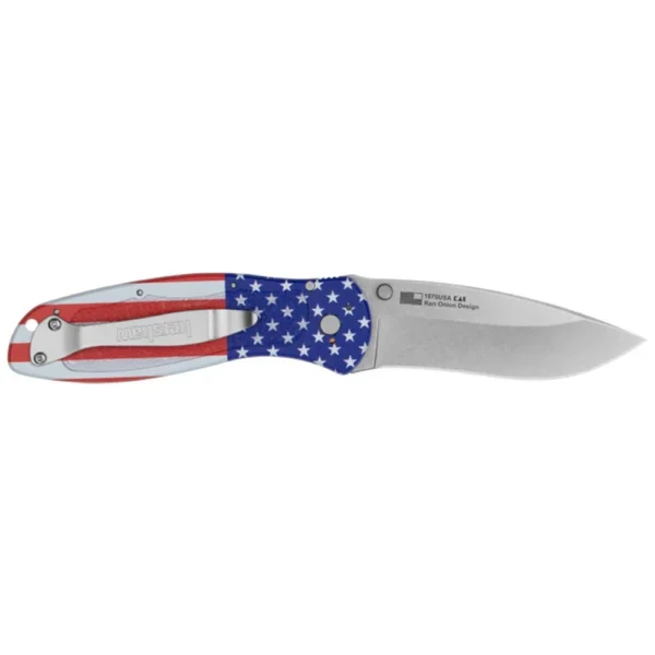 Kershaw Blur, side view with silver blade and red, white and blue USA flag handle