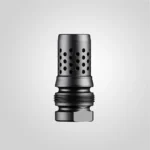 DEAD AIR XENO OMNI M14X1 RH 30 CAL black metal muzzle device, front-side view with perforations