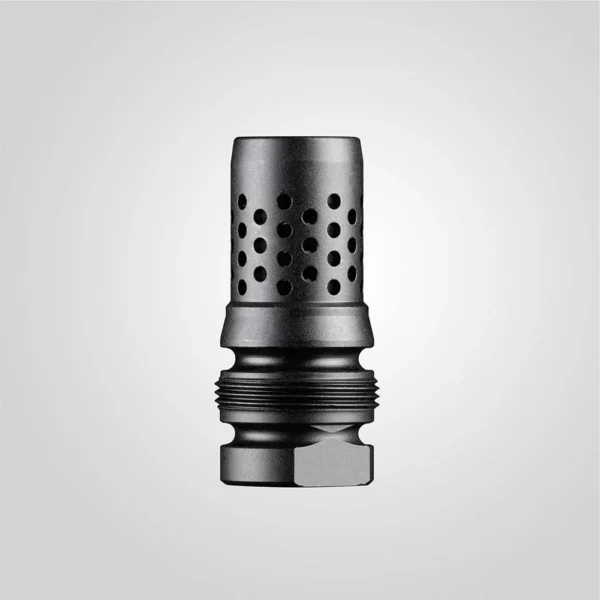 DEAD AIR XENO OMNI M14X1 RH 30 CAL black metal muzzle device, front-side view with perforations