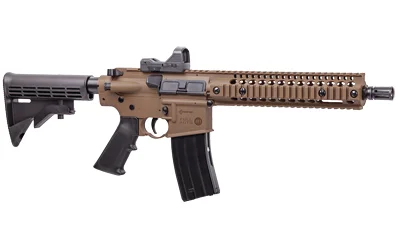 CROSMAN FULL AUTO R1 W/RED DOT FDE tan and black rifle, right-side view with red dot sight