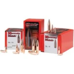 Hornady HRNDY MATCH, red Match and Hornady boxes displayed with copper bullets and cartridges