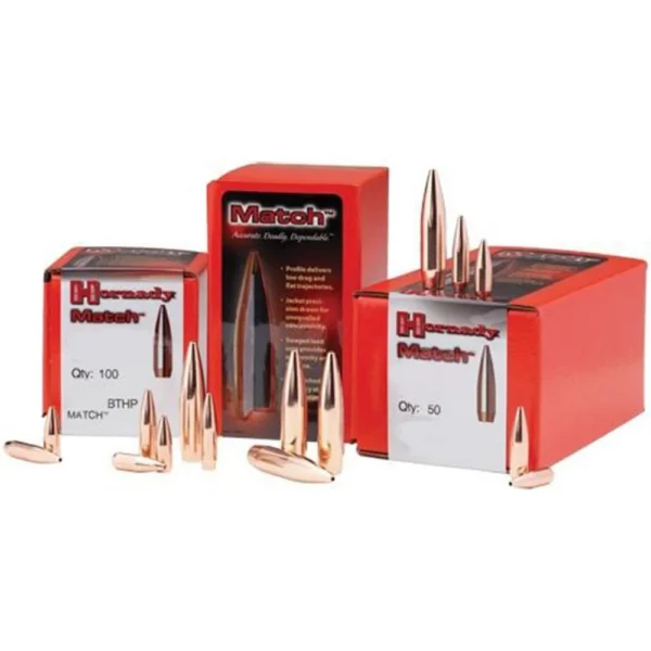 Hornady HRNDY MATCH, red Match and Hornady boxes displayed with copper bullets and cartridges