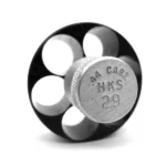 HKS M Series Speedloader, black angled front view with six chambers and silver center knob