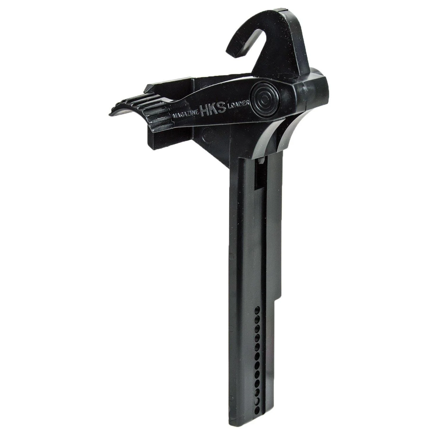 primary-49813 HKS MAGLDR FOR G17 HK USP S&W SIGMA black, side view with tall handle and curved loading lever