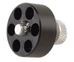HKS SPDLR black round speedloader in angled front view with six openings and silver knob