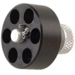 HKS SPDLR black round speedloader in angled front view with six openings and silver knob