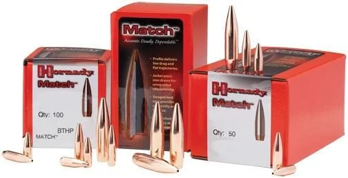 primary-49828 Hornady Match Bullets, pointed copper-colored bullets displayed with three red product boxes