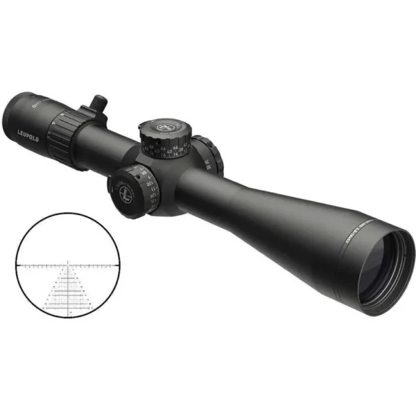 Leupold Mark 4HD rifle scope, black angled view with adjustment turrets, lens hood and reticle inset