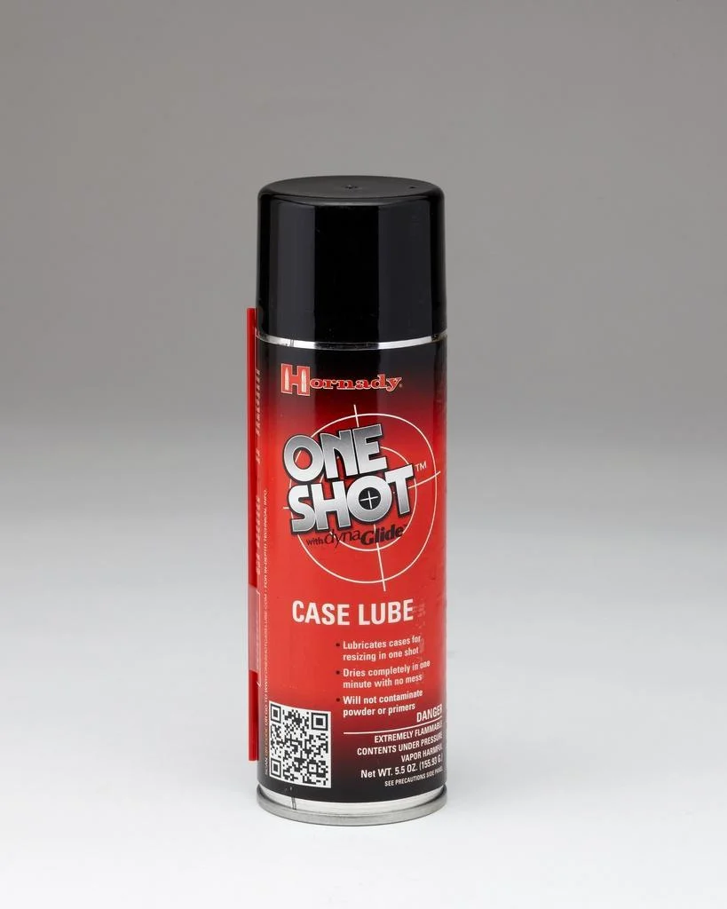 primary-49836 Hornady One Shot Spray Case Lube red and black aerosol can, front view