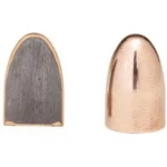 Hornady FMJ Handgun Bullets, copper-coloured round-nose bullet shown cutaway and exterior