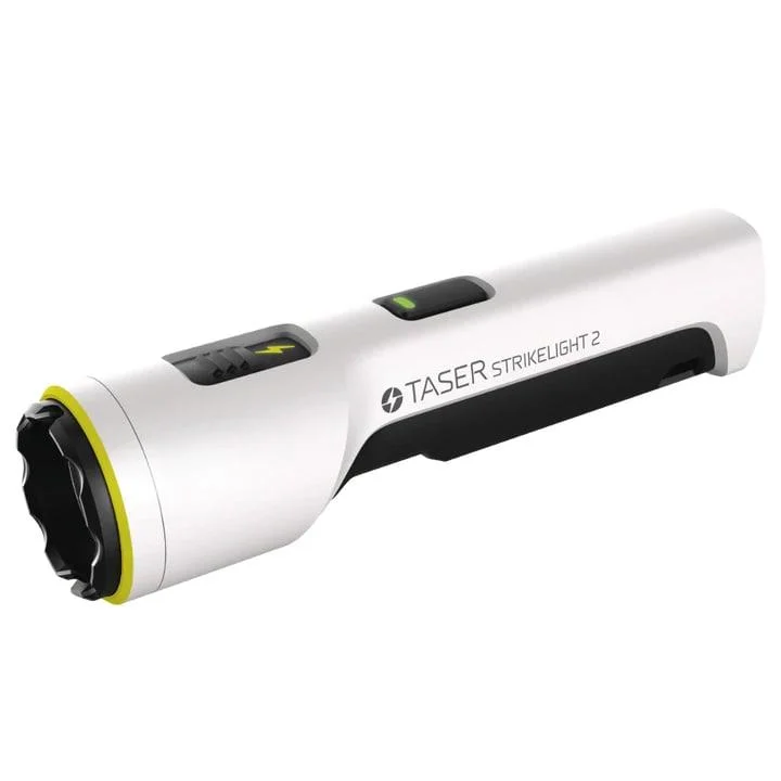 primary-49852 TASER Strikelight 2 White, angled side view with black grip panels and yellow bezel