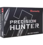 Hornady Precision Hunter Rifle Ammunition, front three-quarter view of black cartridge box