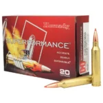 Hornady Superformance Rifle Ammunition, red box with three brass cartridges, front view