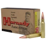 Hornady Custom Rifle Ammunition, brown box with two brass cartridges and red-tipped bullets