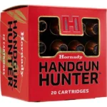 Hornady Handgun Hunter, red ammunition box shown from the front and left side with rounds visible