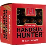 Hornady Handgun Hunter, red ammunition box shown from the front and left side with rounds visible