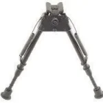 HARRIS BIPOD 9-13 LEG NOTCH, black front view with notched legs extended and rubber feet