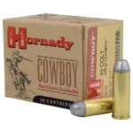 Hornady Cowboy Handgun Ammunition, tan box with two brass cartridges and grey bullets