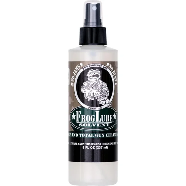 FrogLube Solvent Spray, translucent bottle with black label and pump sprayer, front view