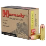 Hornady Custom Handgun Ammunition box with three brass cartridges visible