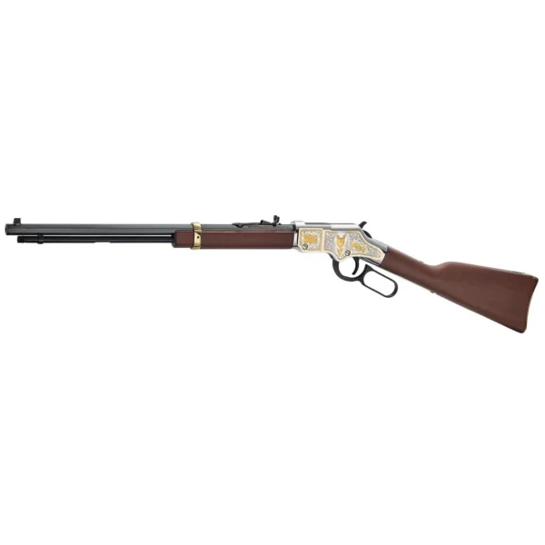HENRY H4 GLDN BOY EGL SCOUT 2ND rifle, left-side view with brown stock and silver receiver