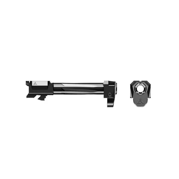Radian Weapons Afterburner Compensator and Ramjet Barrel Combo, black side and end views