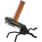 Caldwell Claymore clay target thrower, angled view with orange arm, springs and tripod base