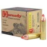 Hornady Custom Handgun Ammunition box with three brass cartridges, front view
