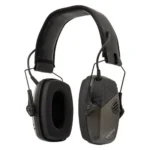 Allen ULTRX Stereo electronic ear muffs, angled view in olive with padded black headband
