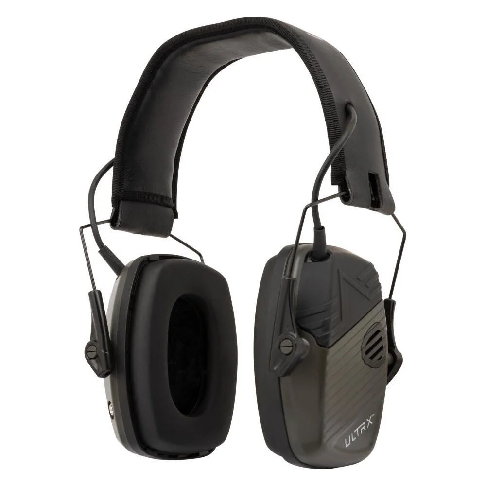 primary-49905 Allen ULTRX Stereo electronic ear muffs, angled view in olive with padded black headband