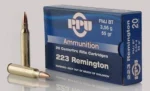 TRZ Trading Inc. PPU Rifle Ammunition, blue box with three brass cartridges displayed