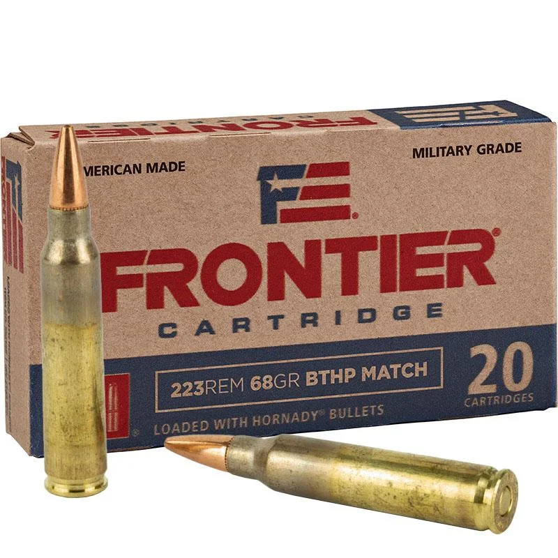 primary-49929 Hornady Frontier Rifle Ammunition, brown branded box with three brass cartridges