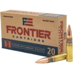 Hornady Frontier Rifle Ammunition, brown box with three brass cartridges
