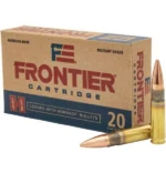 Hornady Frontier Rifle Ammunition, brown box with three brass cartridges
