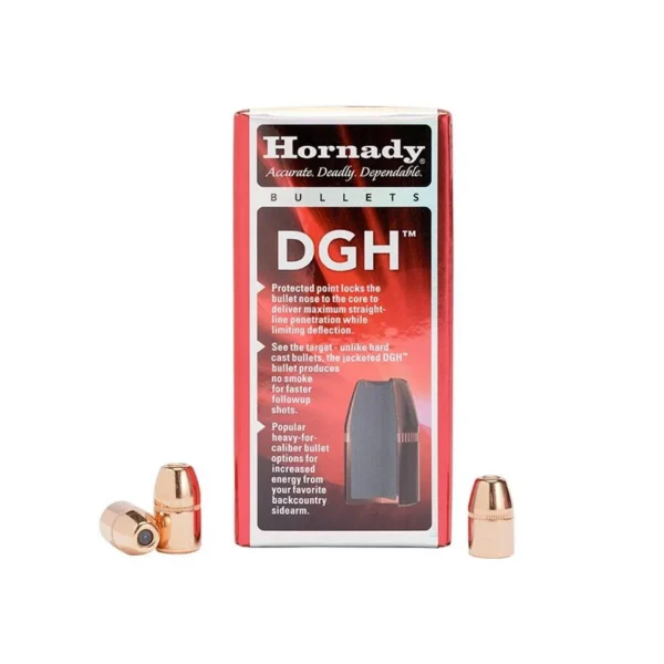 Hornady Dangerous Game Handgun Bullets, copper-coloured bullets beside red DGH box