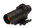 Sig Sauer ROMEO7 red dot sight, black angled front view with rail mount and lens visible