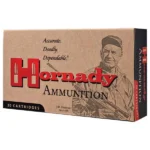 Hornady Custom Rifle Ammunition, front and right-side view of tan and red box